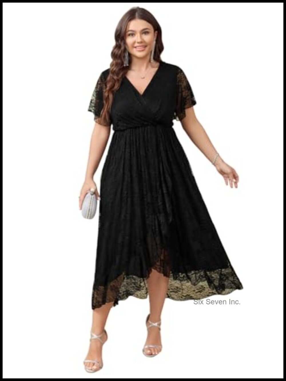Plus Size Lace Maxi Dress High Low Ruffle Sleeve V-Neck Formal